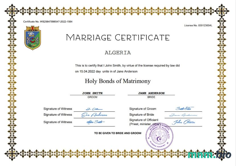 Algeria akt małżeństwa Word i PDF szablon